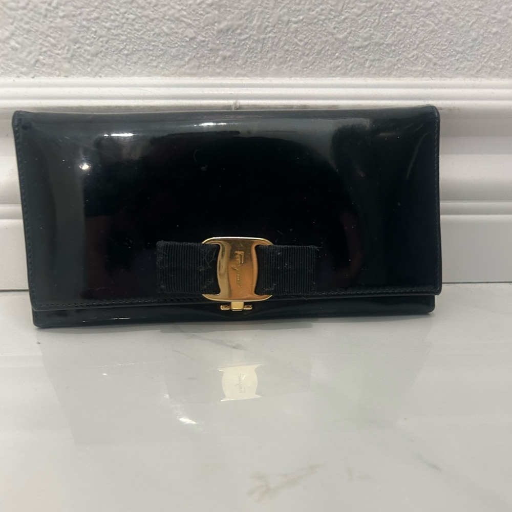 Ferragamo Black Patent Leather Wallet with Gold Gancini Clasp